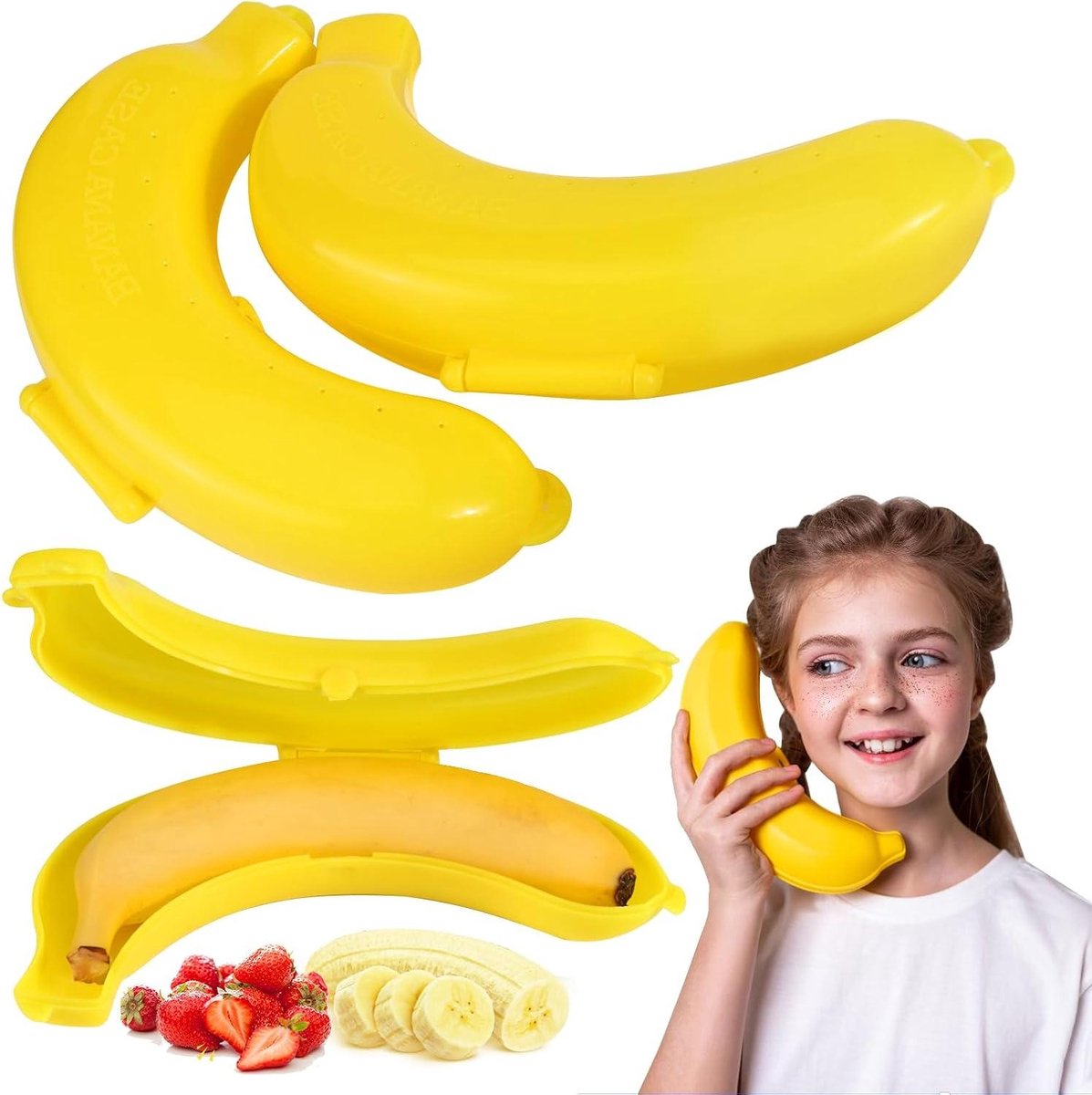 Set van 3 Bananenboxen voor Fruit Onderweg - Gele Kunststof Behuizing met Banaanvorm - Opbergdoos voor Bananenbescherming.