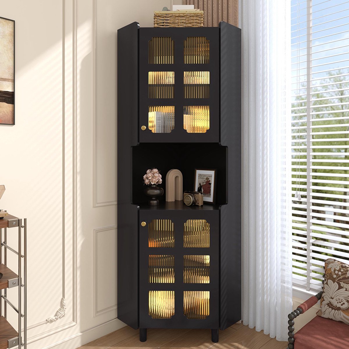 BLACKCOLORS Zwarte hoekkast met gelakte afwerking en ledverlichting – Multifunctionele hoekkast voor woonkamer, bibliotheek, badkamer, slaapkamer, eetkamer, MDF-paneel met zwart gelakt oppervlak