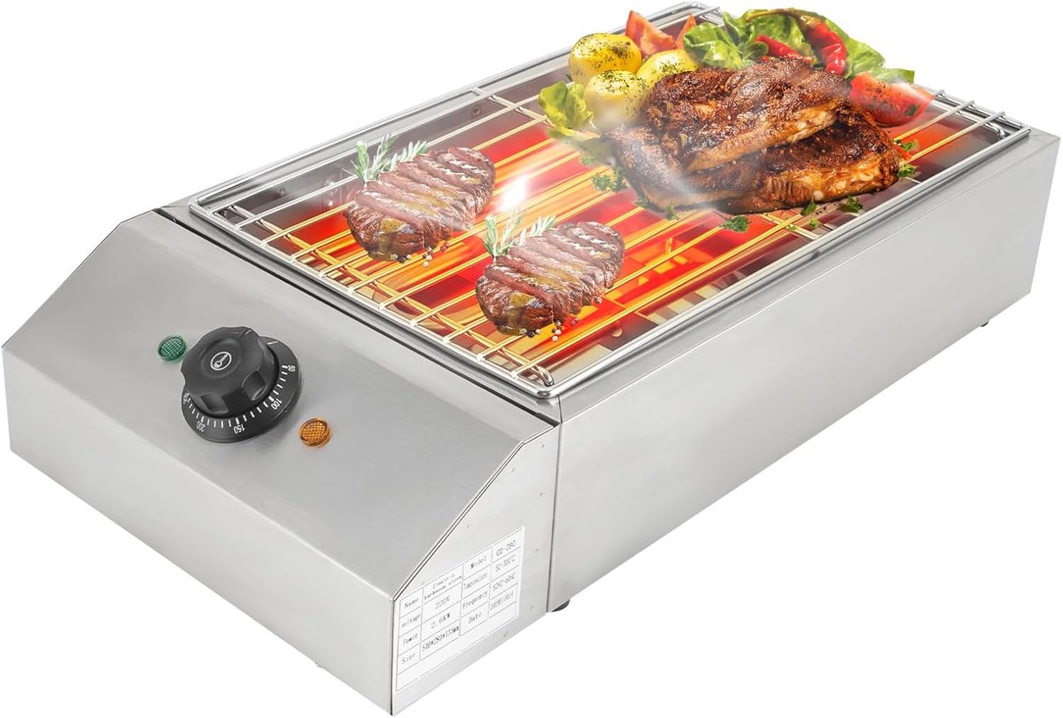 Elektrische Grill - Tafelgrill Binnen - Buiten Koken - Snelle Opwarming - 54cm Breed - Zilver