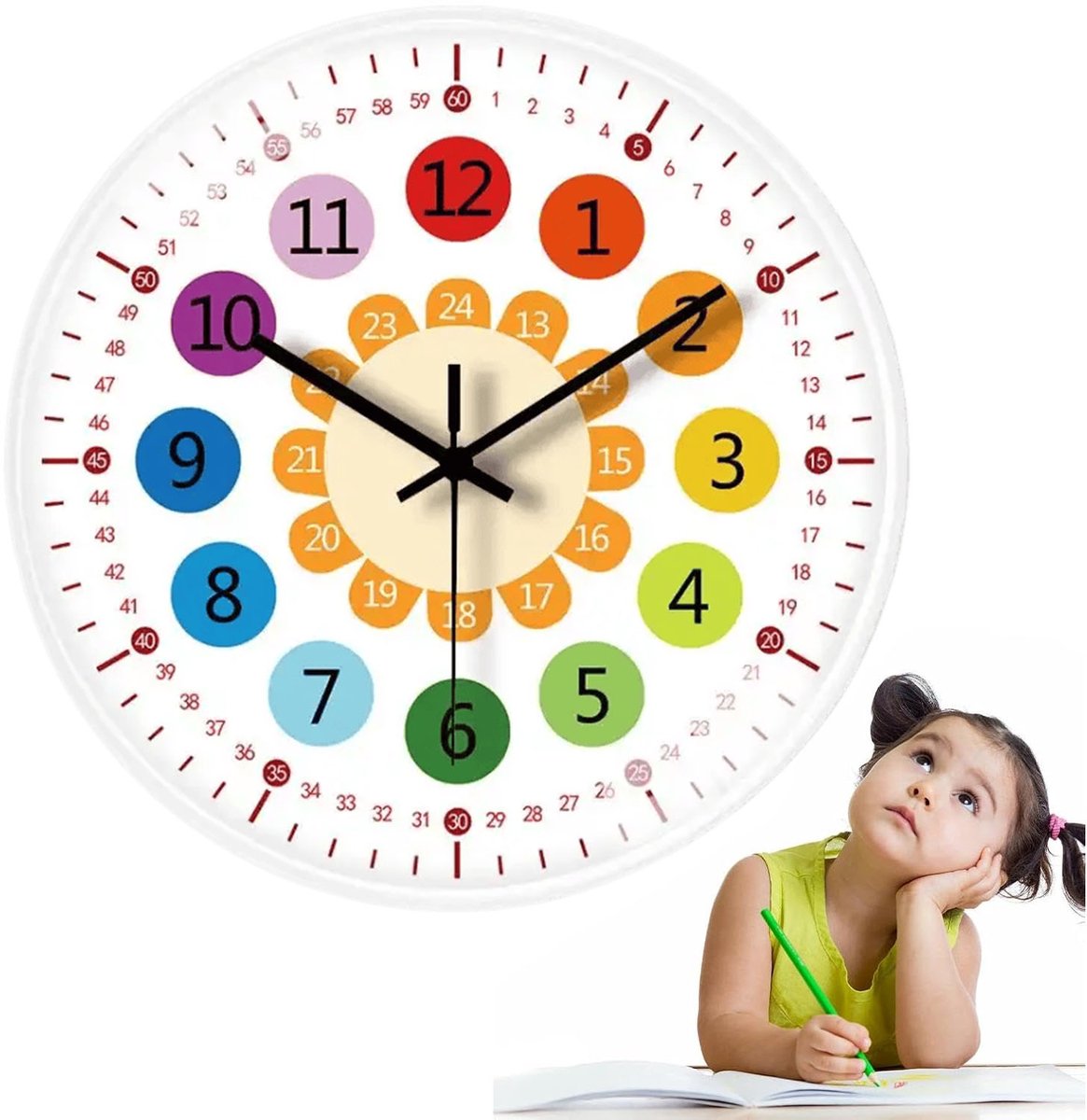 Leerklok voor Kinderen – Werkt op Batterijen – Stil, Tikt Niet, Analoog, Kleurrijk – Decoratieve Wandklok voor Kinderkamer, Klaslokaal en School (12 inch / 30 cm)