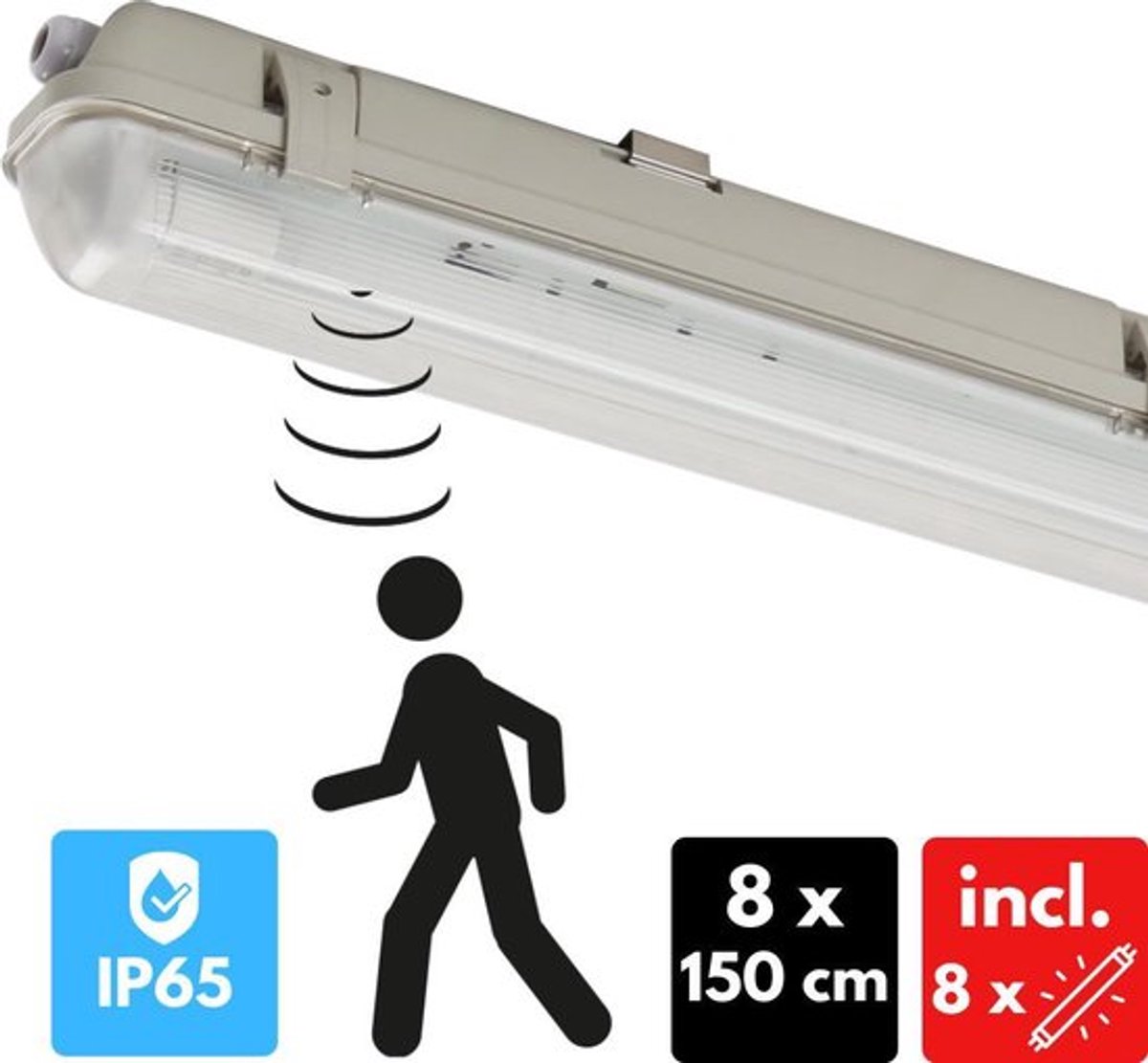 Proventa Outdoor LED TL Armaturen met bewegingssensor en lichtsensor - Waterdicht - 8 x 150 cm