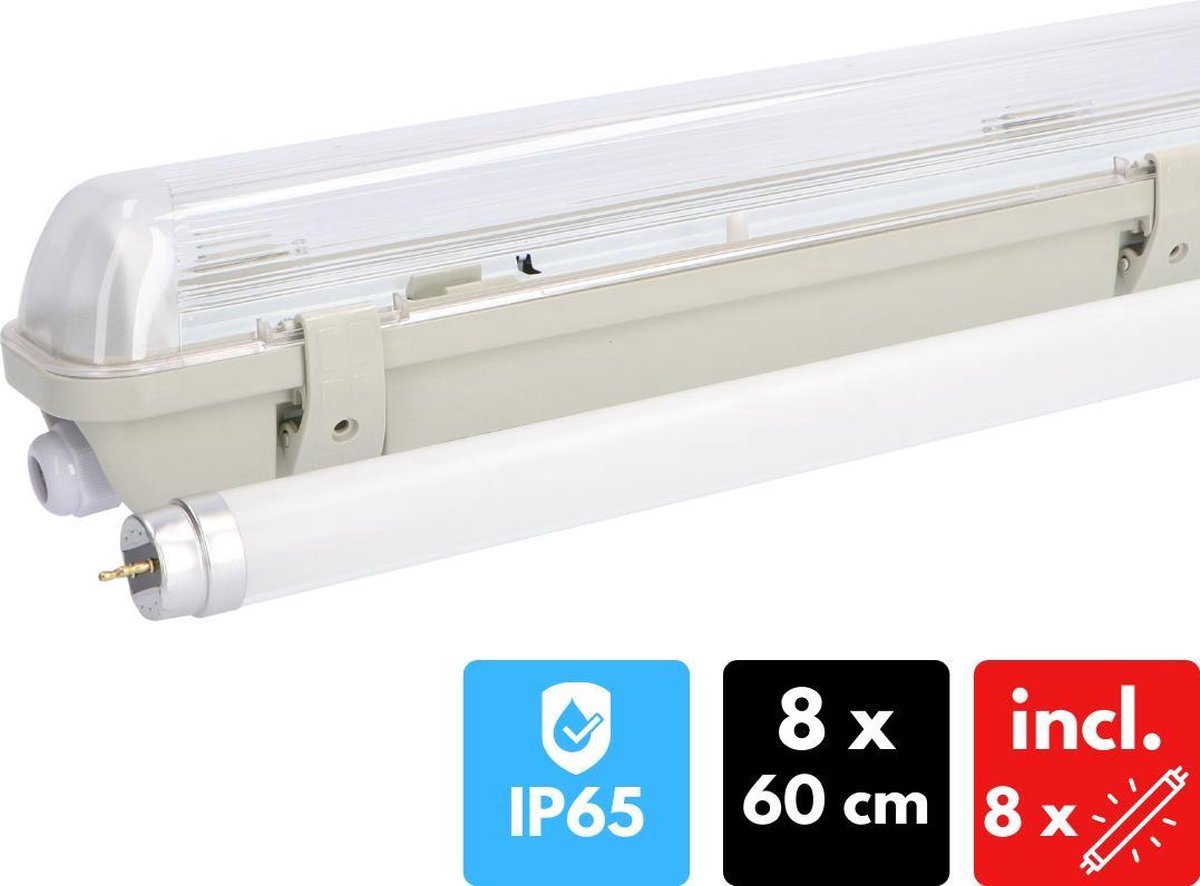 Proventa EcoPlus LED TL armatuur incl. buis 8 x 60cm - Voordeelverpakking - IP65 - Tl-buizen - Tl-armaturen - Tl-verlichting