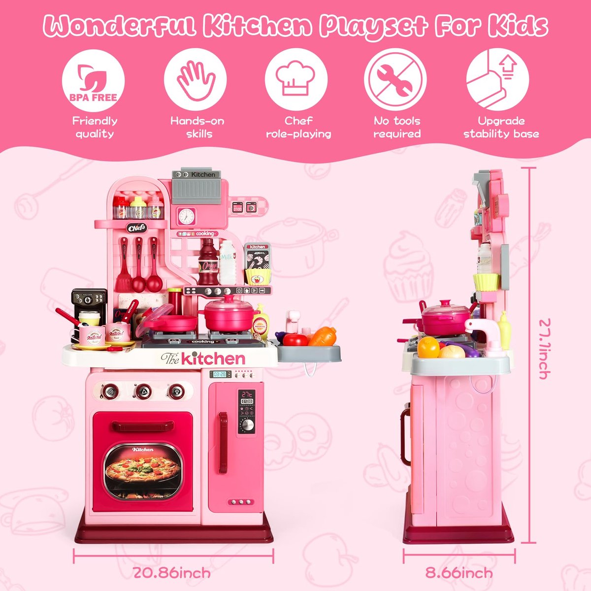 53-delige speelkeukenset voor kinderen - 69 cm speelkeuken met geluid en licht, kookplaat, speelgootsteen, oven, keukenspeelgoed, fantasiespel, keukenspeelgoed voor peuters van 1, 2 en 3 jaar (roze) — afbeelding 5