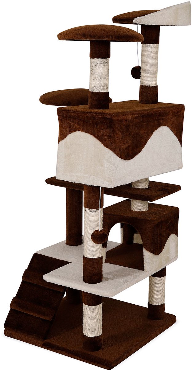 lionto Kattenkrabpaal 130 cm groot, met trap, grot & speelballen, bruin/beige thumbnail 2