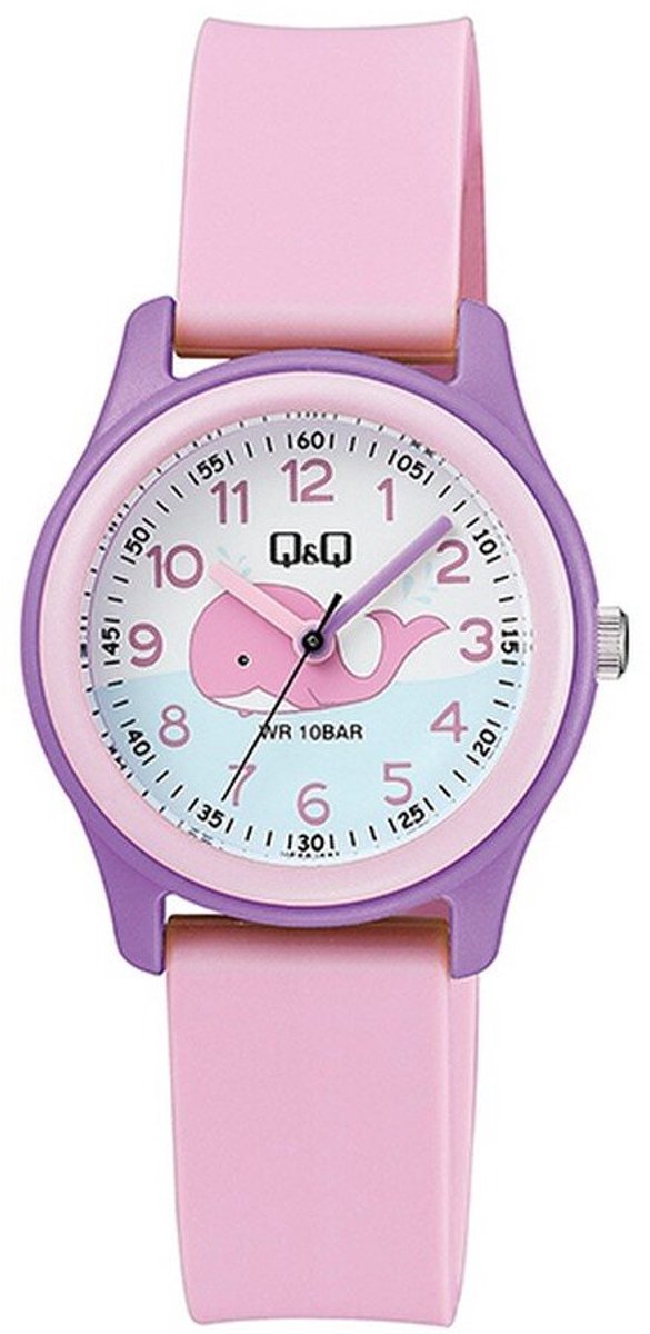 QQ VS59J001Y - Horloge - Sport - Analoog - Kinderen - Unisex - Plastic band - Rond - Kunststof - Cijfers - Walvis - Roze - Paars - Wit - Blauw - Wit - 10 ATM