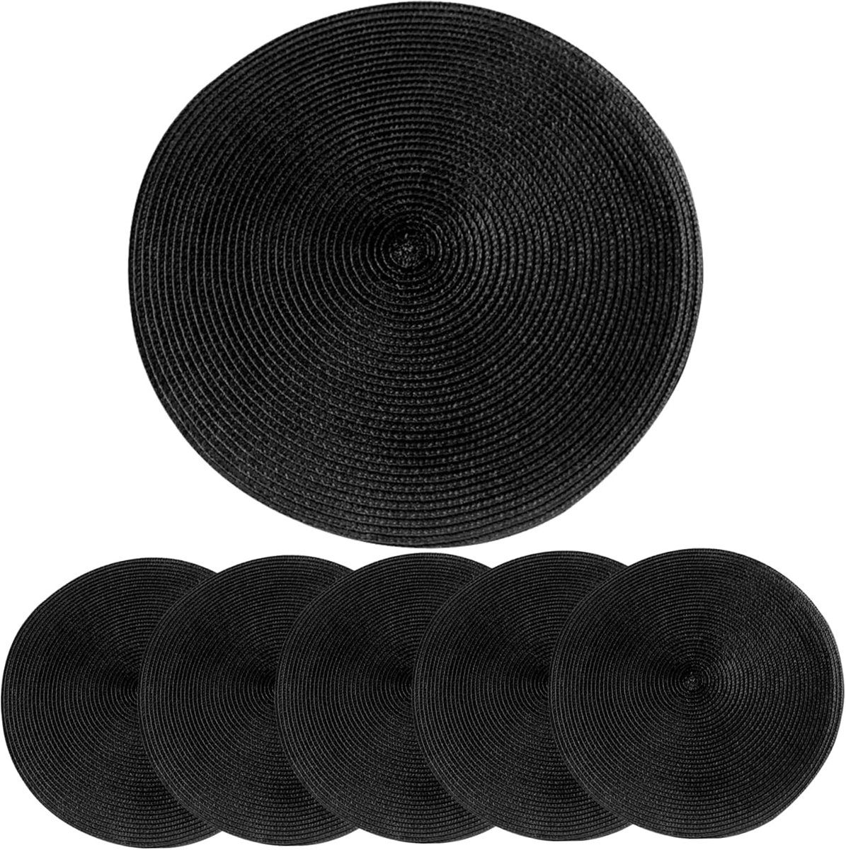 Placemats Set - Tafelonderleggers - Eettafel Decor - Hittebestendig Geweven - 38cm Rond - Zwart