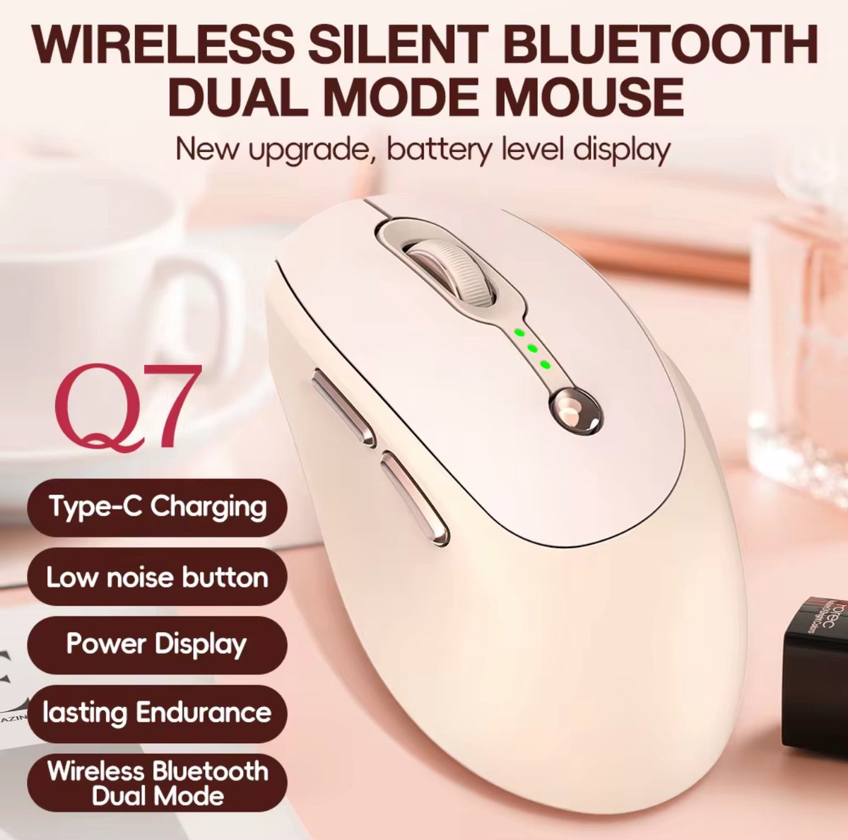 Draadloze Bluetooth Muis Oplaadbaar – USB-C Snelladen – Dual Mode 2.4G + Bluetooth 5.0 – Stille Klik – Instelbare DPI (800/1200/1600) – Ergonomisch Design – Beige