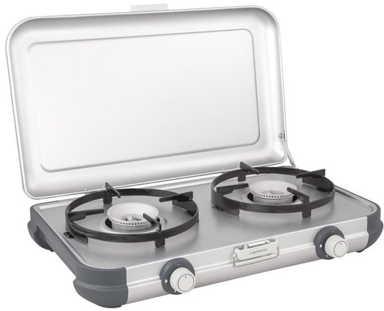 Cuisinière Campingaz ouverte à deux brûleurs, gris argenté avec bords gris foncé, deux brûleurs.