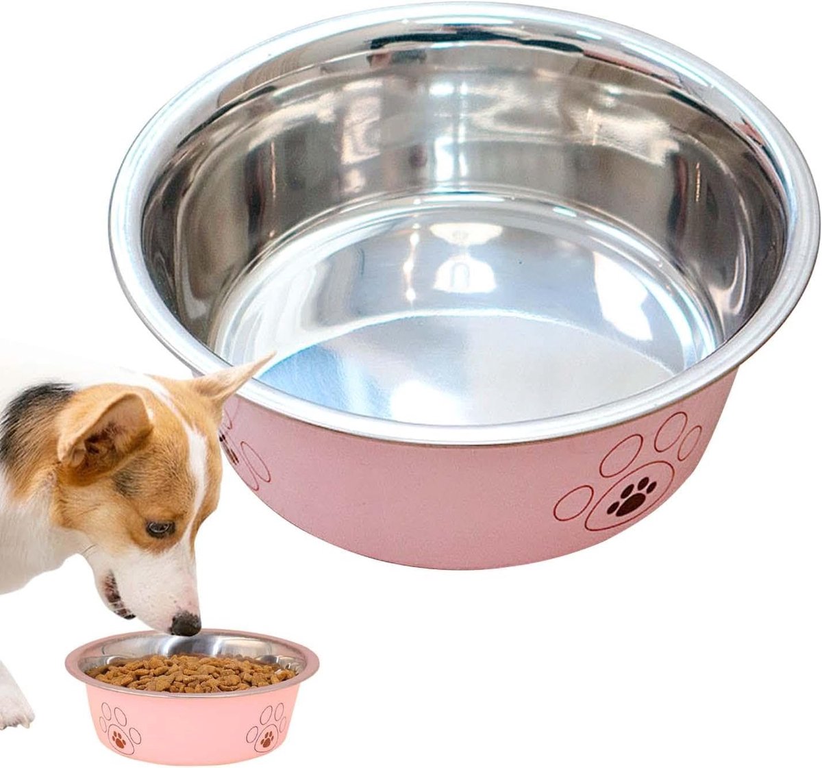 Voerbak Huisdieren - Hondenbak Kattenbak - Voeding en Water - Antislip Roestvrij Staal - 21.8 cm Diameter - Roze
