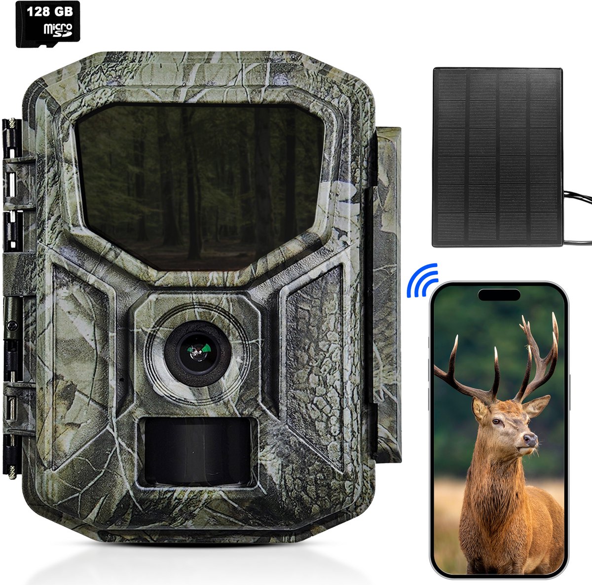 Siltcon® Wildcamera met Zonnepaneel & Oplaadbaar - 8K Ultra HD & 64MP - Wildcamera met Nachtzicht en WiFi - Bluetooth - Camera Buiten - Nachtcamera - No-Glow - 128GB SD - Tripod - 7800 mAh batterij - 2026 Model