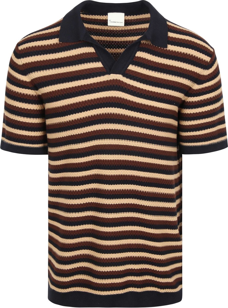 KnowledgeCotton Apparel Polo Knitted Streep Bruin - Maat M - Heren - Casual T-shirts