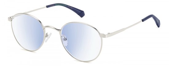 Zilverkleurige ronde Polaroid bril met blauwe glazen en donkerblauwe pootjes.