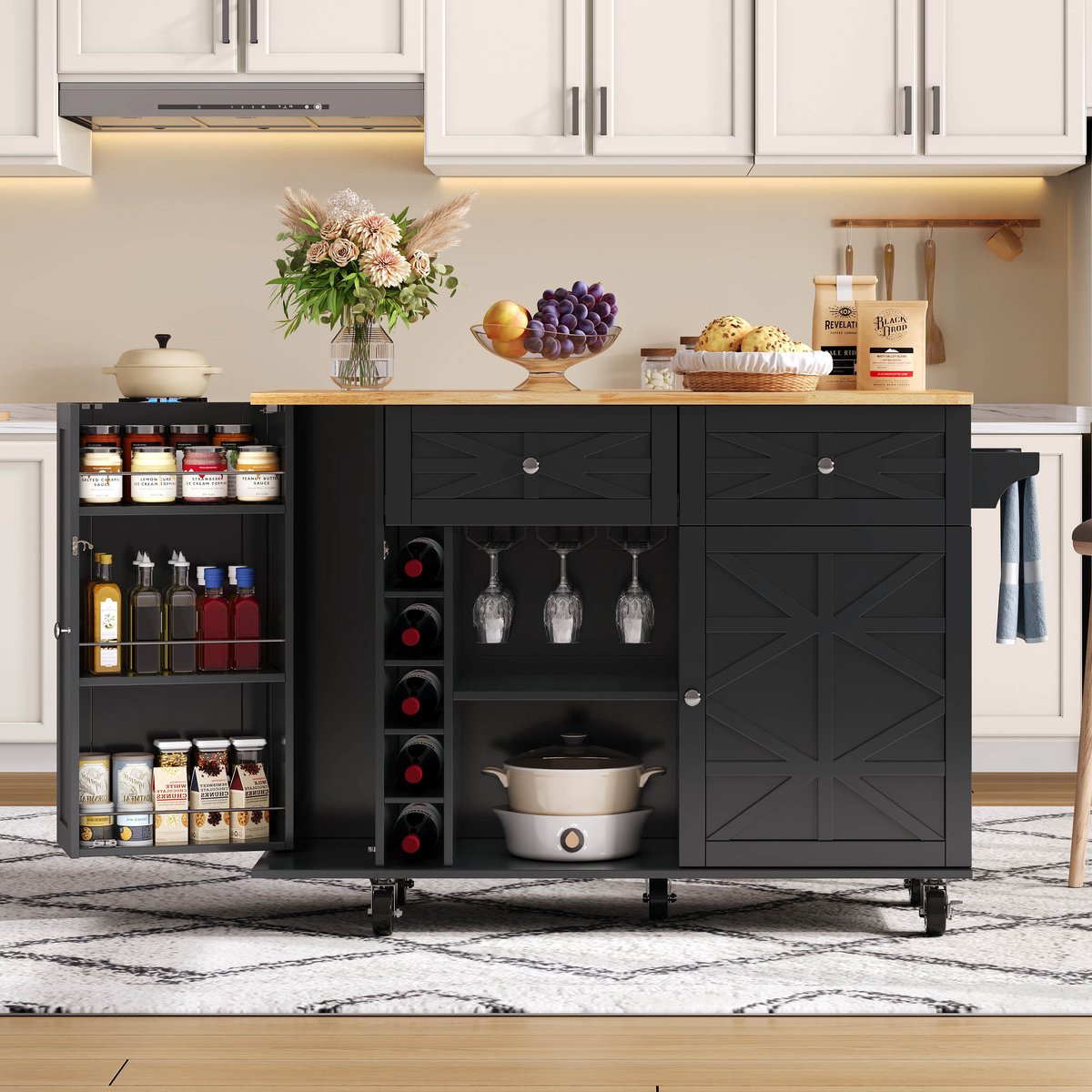MODFU - Keukeneiland - Met Klapbaar Werkblad En Wijnrek - Modern - Voor De Keuken - MDF - Zwart - 120 X 45/70 X 89 Cm