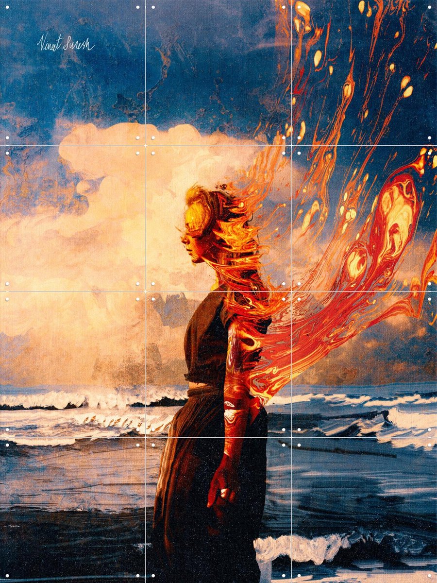 IXXI Burning By The Sea, Vineet Suresh - 60 x 80 cm - Gratis ophangtool - Grote wanddecoratie en posters - Modern, Kleurrijk, Surrealisme