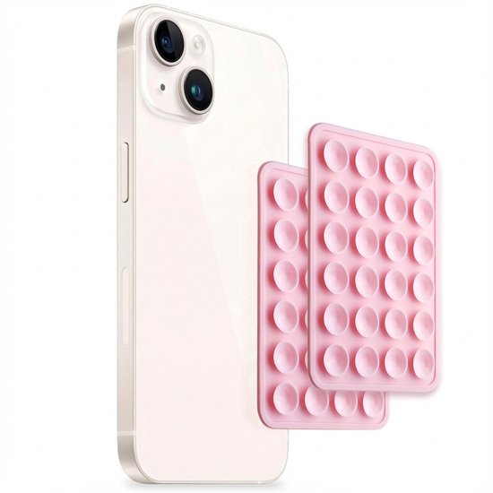 Autocollants de téléphone blancs avec ventouses roses sur fond rose.