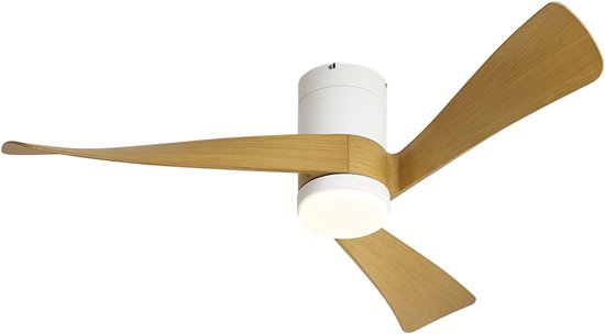 Twist plafondventilator wit met eiken hout print, dimbare LED verlichting, afstandsbediening, 132 cm spanwijdte