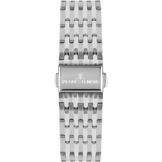 Zilverkleurige metalen horlogeband met Jacques Lemans logo op de sluiting.