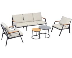ShopWizz Tuinset - 5 personen - Inclusief Twee Tafels - Inclusief Kussens - Loungeset - Metaal - Hout - Marmer - Bank en Stoelen - Zwart - Beige