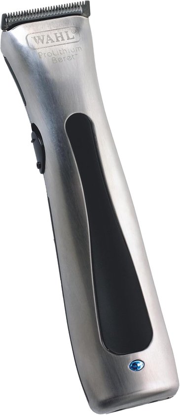Wahl ProLithium Beret detailtrimmer in geborsteld metaal met zwarte, ergonomische grip en blauwe indicator.