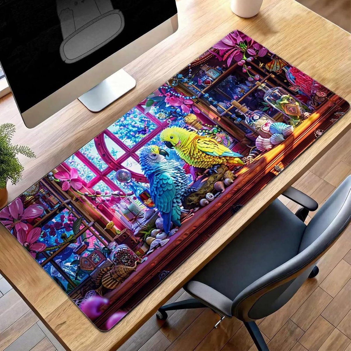 XXL Muismat - Grote bureauonderlegger - Gaming en kantoor - Gestikte randen antislip - 100x50 cm - Geel vogel design