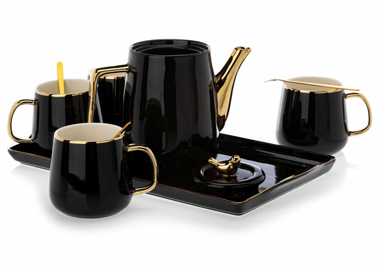 HowHomely Noah Black Gold - Koffieservies - Zwart met Goud - Inclusief Lepeltjes en Tafelblad