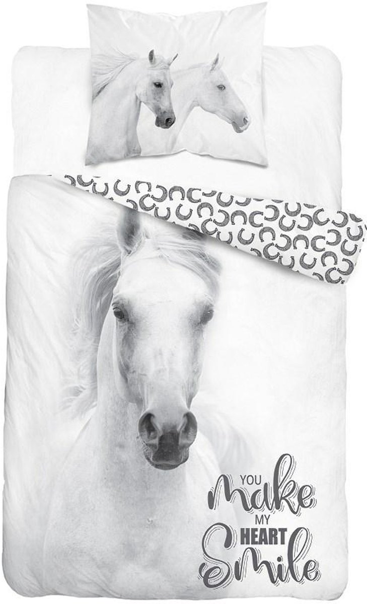 Detexpol - Dekbedovertrek Set 160x200 - Katoen - Wit Paardenmotief