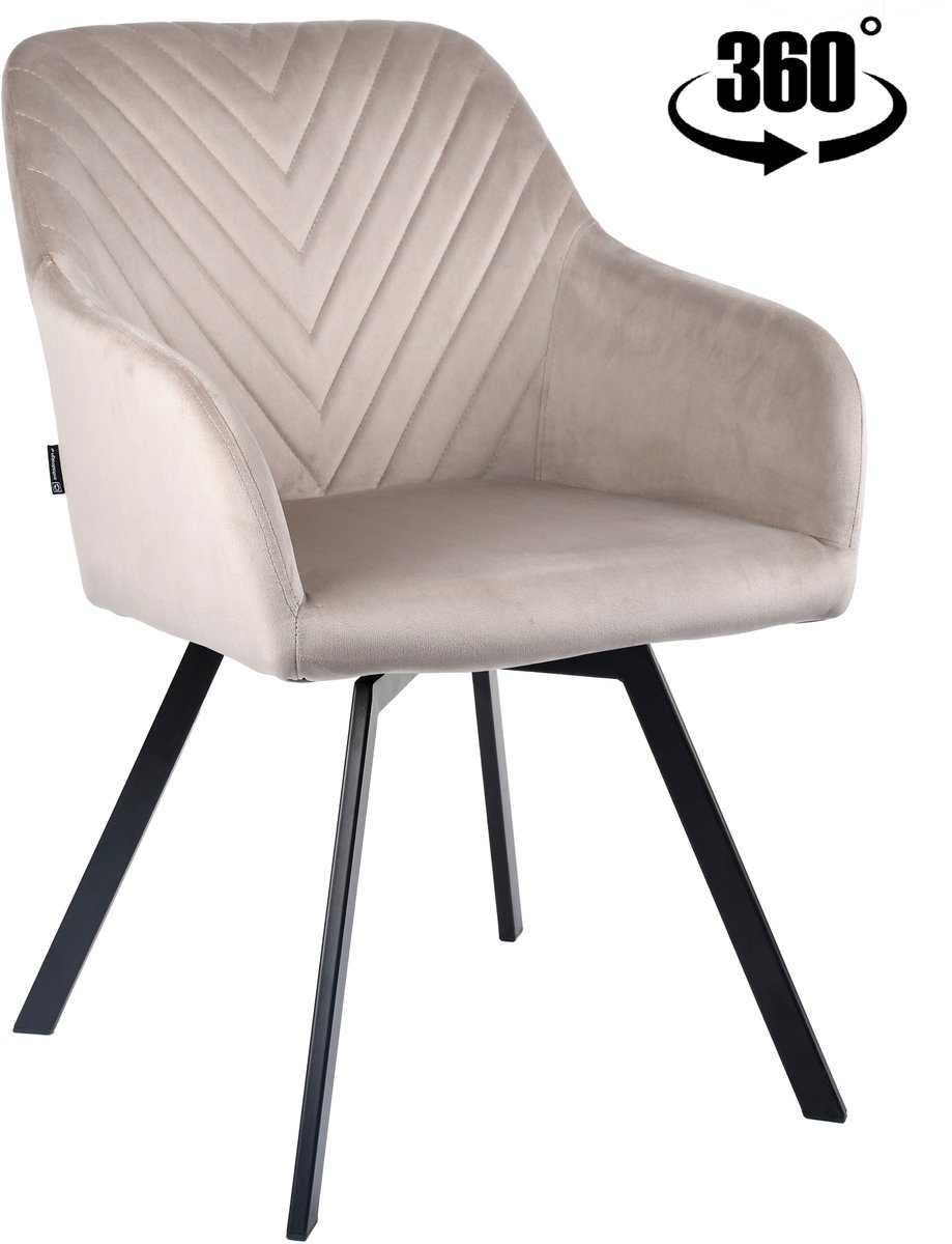 Luxe Draaibare Eetkamerstoel PANKO – 360° Draaimechanisme – Beige Velvet – Gestoffeerd – Zwart Metalen Frame – Modern & Scandinavisch Design – Max. 120 kg