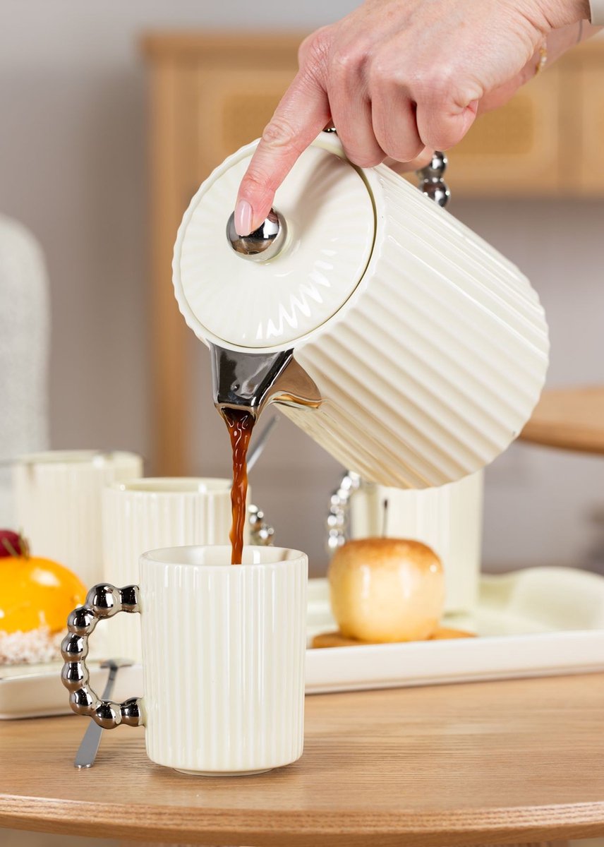 HowHomely Luca Silver Cream - Koffieservies - Porselein - Metalen Accenten - Kremekleurig