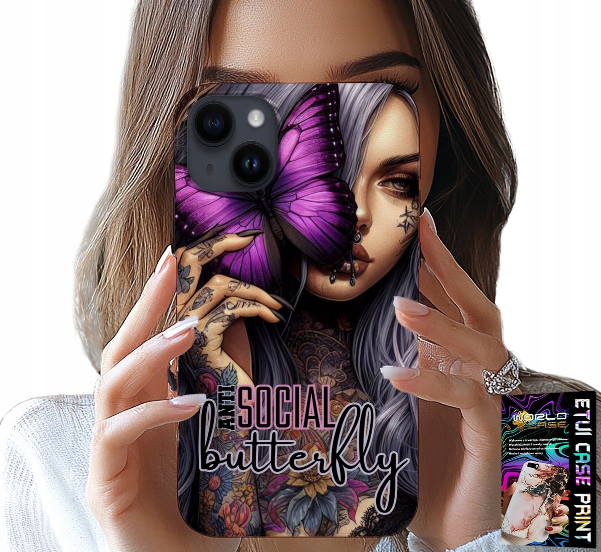 HOESJE VOOR IPHONE 13 - ANTI SOCIAL, VLINDER, ROZE VLINDER + GLAS