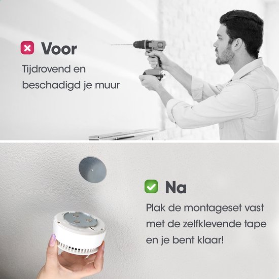 Een man boort in een muur; een rookmelder wordt aan een magnetische plaat op een plafond bevestigd.