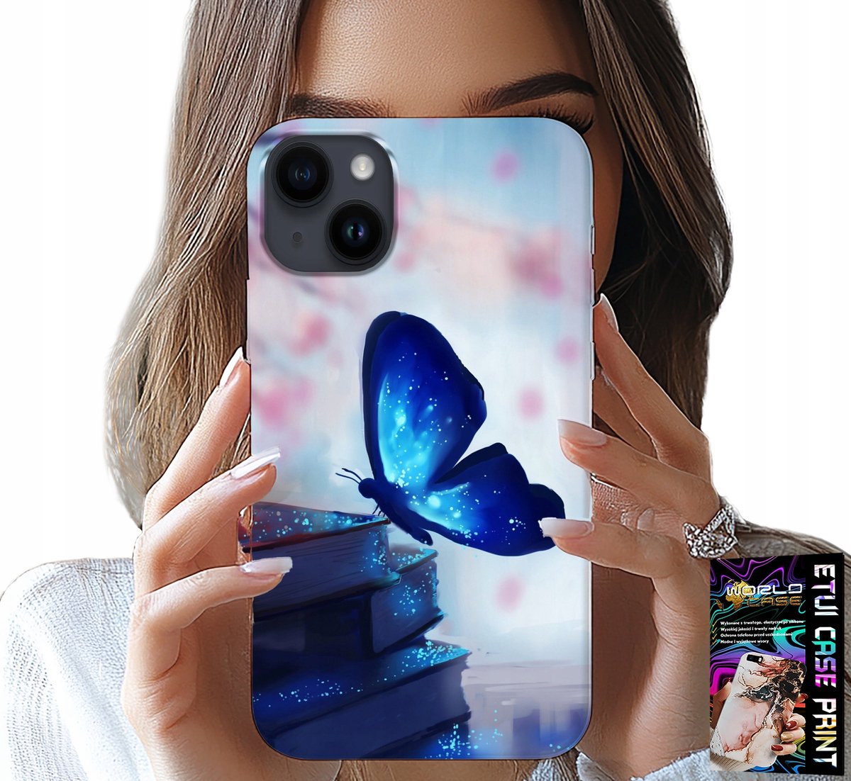 iPhone 14 Plus hoesje - Blauwe vlinder, vlinder, damespatroon