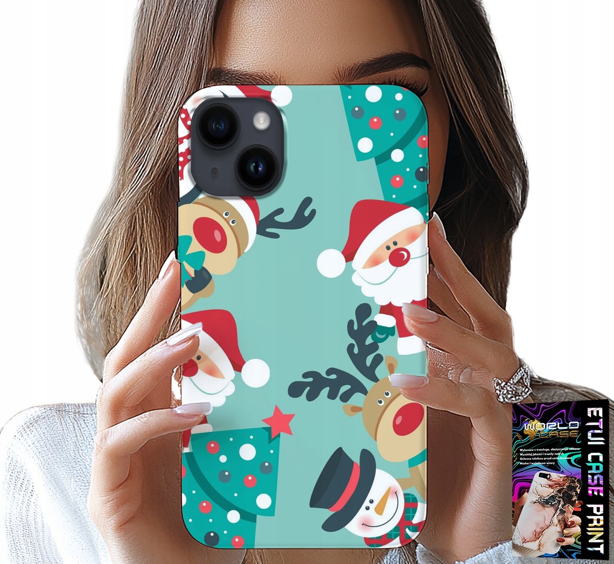 iPhone 15 Plus hoesje - Kerstpatroon met kerstman, rendier en sneeuwpop