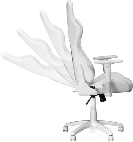Animatie van een witte gamerstoel die meerdere kantelposities laat zien.