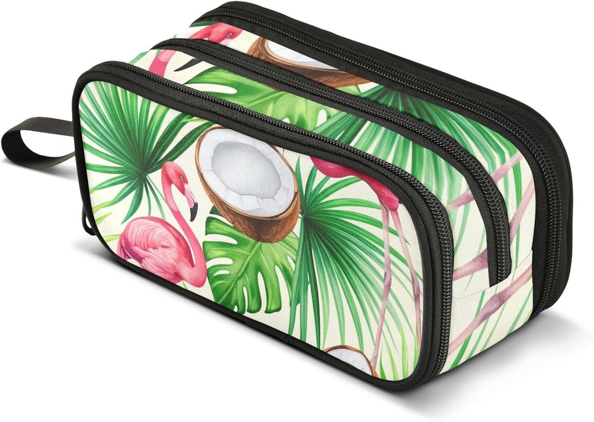 Etui met Rits - Pennendoos Opberger - School Kantoor - Drie Vakken - 22.5 x 11 cm - Tropische Flamingo's