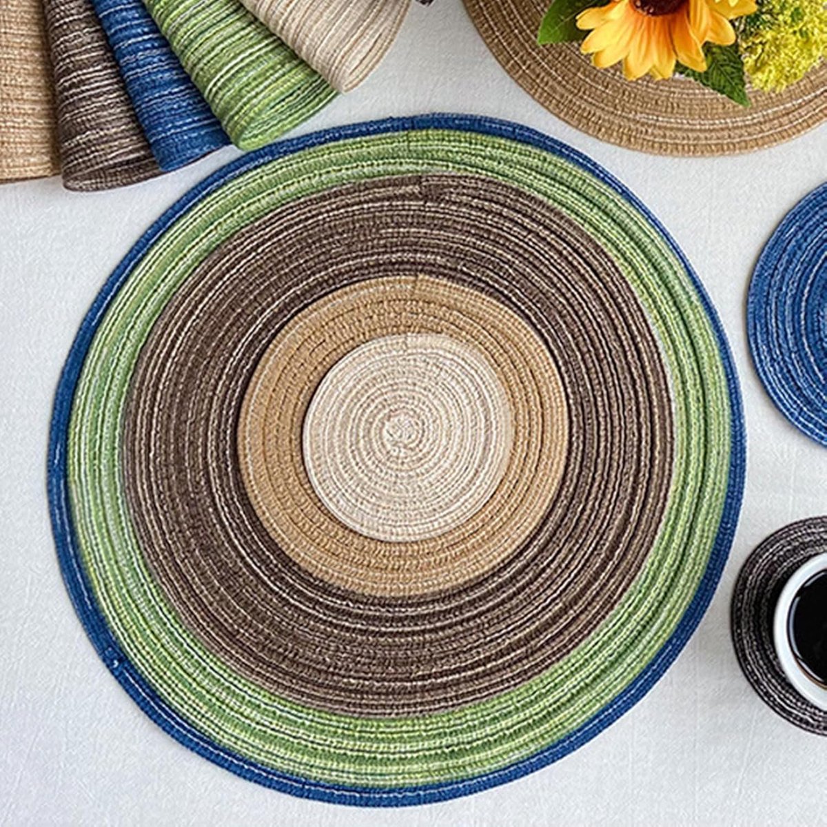 Tafelkleden Set - Onderzetters - Eettafel Bescherming - Handgeweven Katoen - 30cm Rond - Bruin