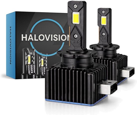 Twee HaloVision Turbo LED koplampen met zwarte heatsinks en blauwe accenten. De verpakking van HaloVision staat ernaast.