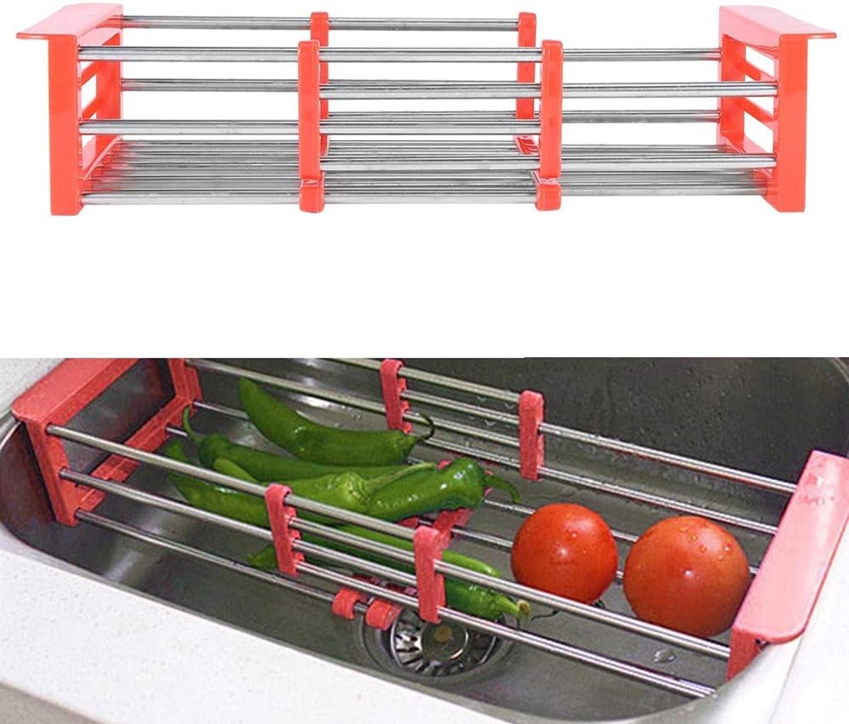 Afdruiprek - Gootsteenzeefmand - Keuken Opbergen - Intrekbaar Ontwerp - 48cm Uitklapbaar - Rood