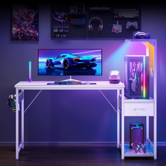 Gaming Bureau - Computer Werkplek - Thuiswerken Gamers - Geïntegreerde LED Verlichting - 120x48cm - Wit Carbon — afbeelding 3