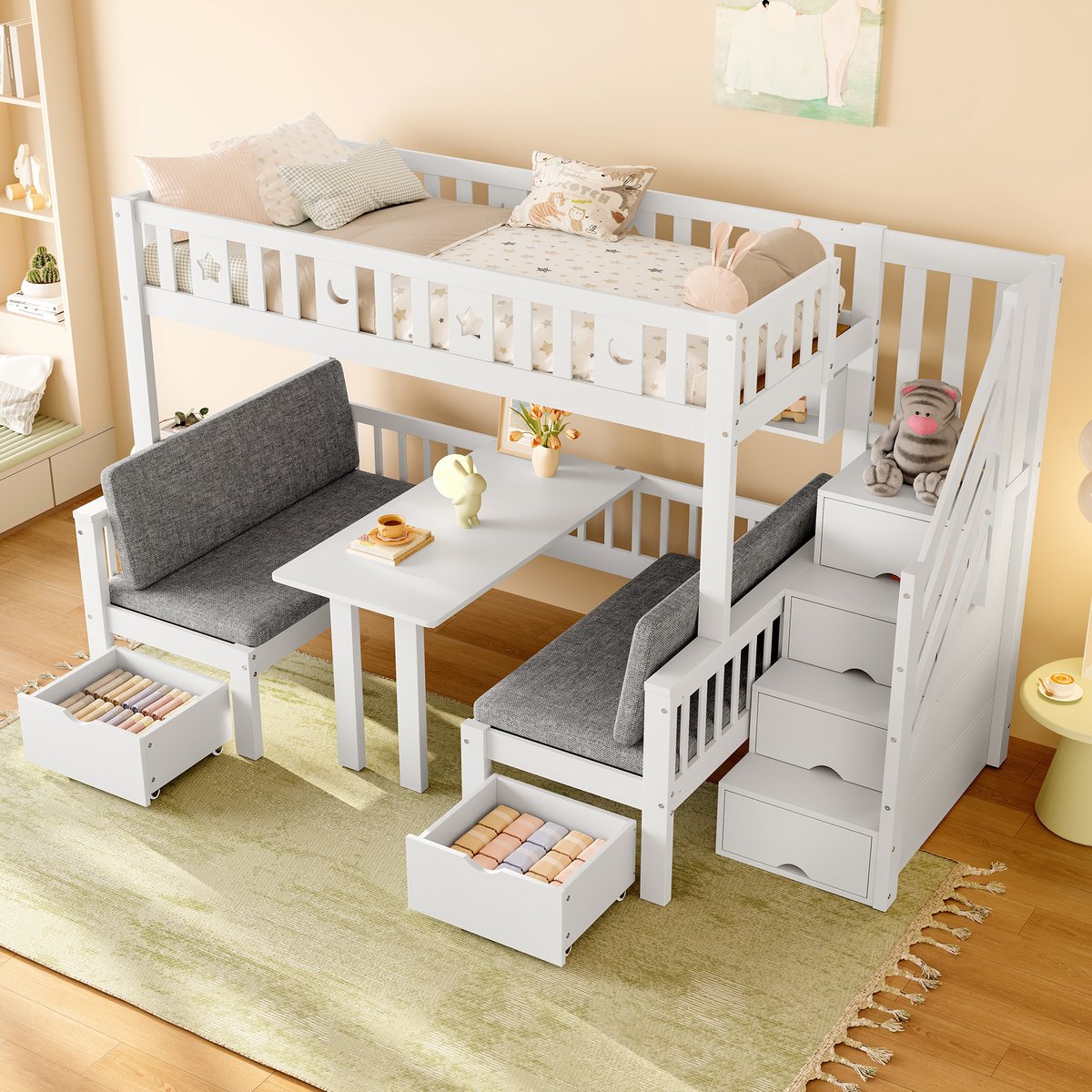 STILVORA Hoogslaper 90x200 cm – Bed Met Inklapbaar Bureau – Opbergladder Met Vak – Veilig Kinderbed Vanaf 6 Jaar – Grenen – Zonder Matras – Wit