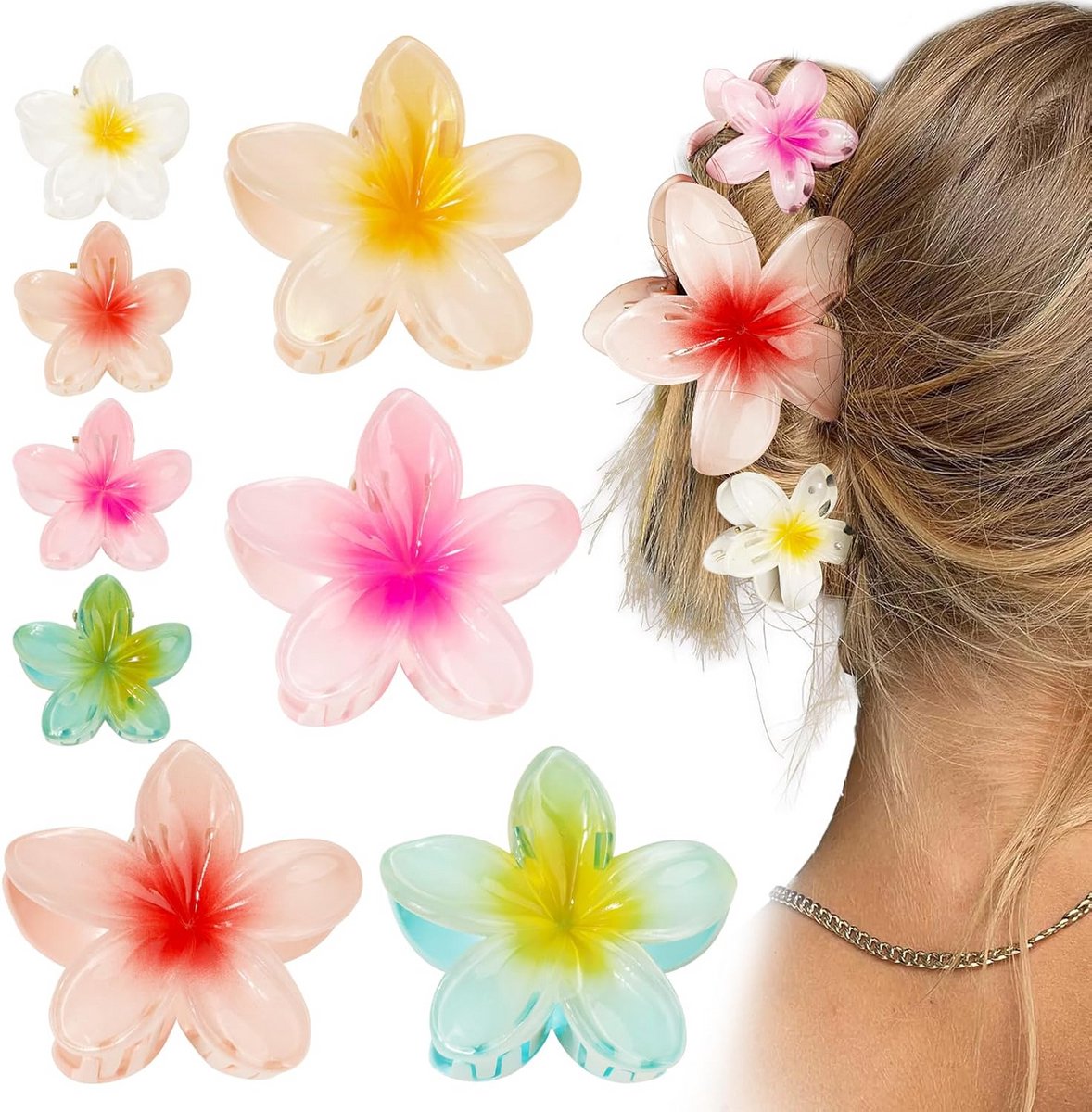 8x Hawaiiaanse Plumeria Bloem Haarspeld Klemmen - Zomer Accessoire in 2 Maten