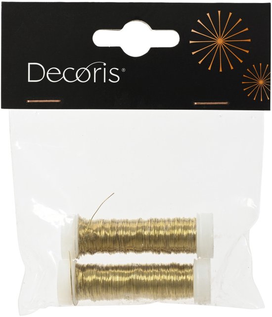 Twee rolletjes goudkleurig metaaldraad in een plastic zakje met 'Decoris' logo.