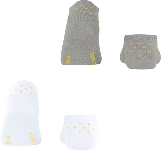 Drie losse enkelsokken: een grijze sok met gele stippen en 'esprit' logo, een witte sok met gele stippen en 'esprit' logo, en een witte sok met gele stippen en maatindicatie.