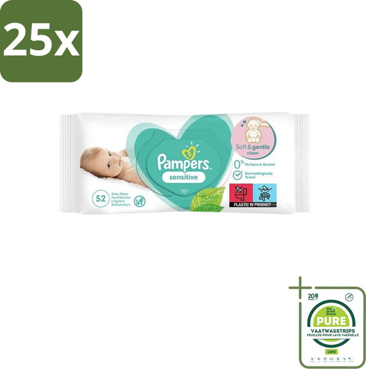 25 x Pampers – Babydoekjes – Sensitive – 52 Doekjes - Grootverpakking - Gevoelige Babyhuid - Pasgeboren Baby - Milde Reiniging - Zachte Doekjes - Baby Verzorging