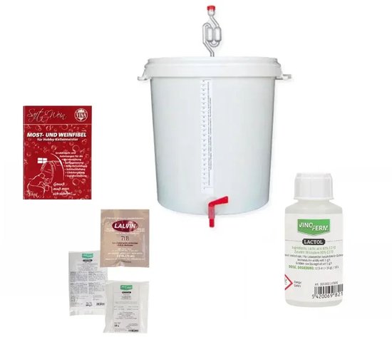Startset voor wijnmaken: witte fermentatie-emmer met rode kraan en maatverdeling, twee zakjes gist, een zakje lactol, en een boekje.