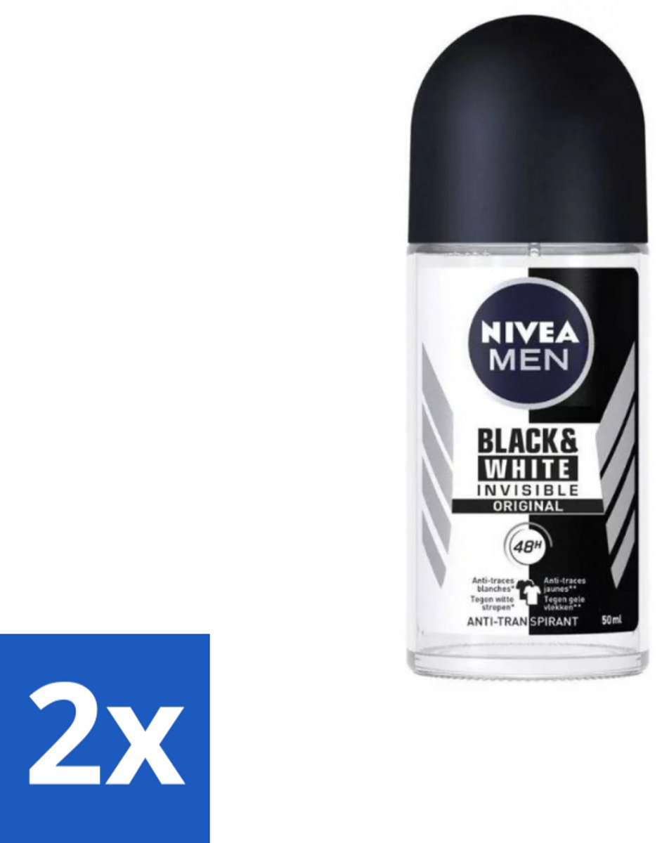 Nivea Men – Deodorant Roller – Invisible for Black & White – 50 ml - Voordeelverpakking - 2 stuks