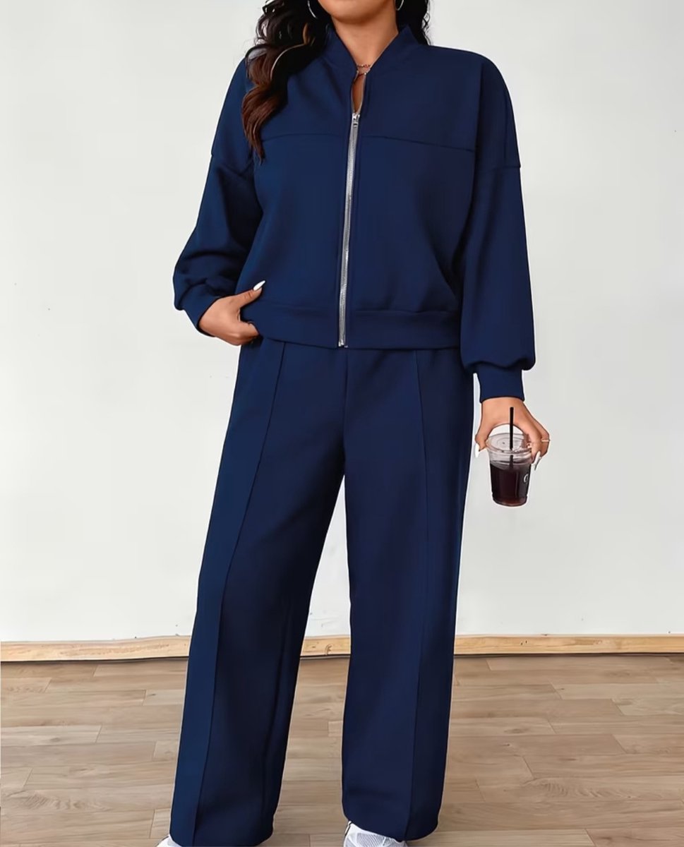 2-Delige Dames Set Marineblauw – Trui met Rits & Wijde Broek – Comfortabel & Stijlvol – Maat EU 48/50