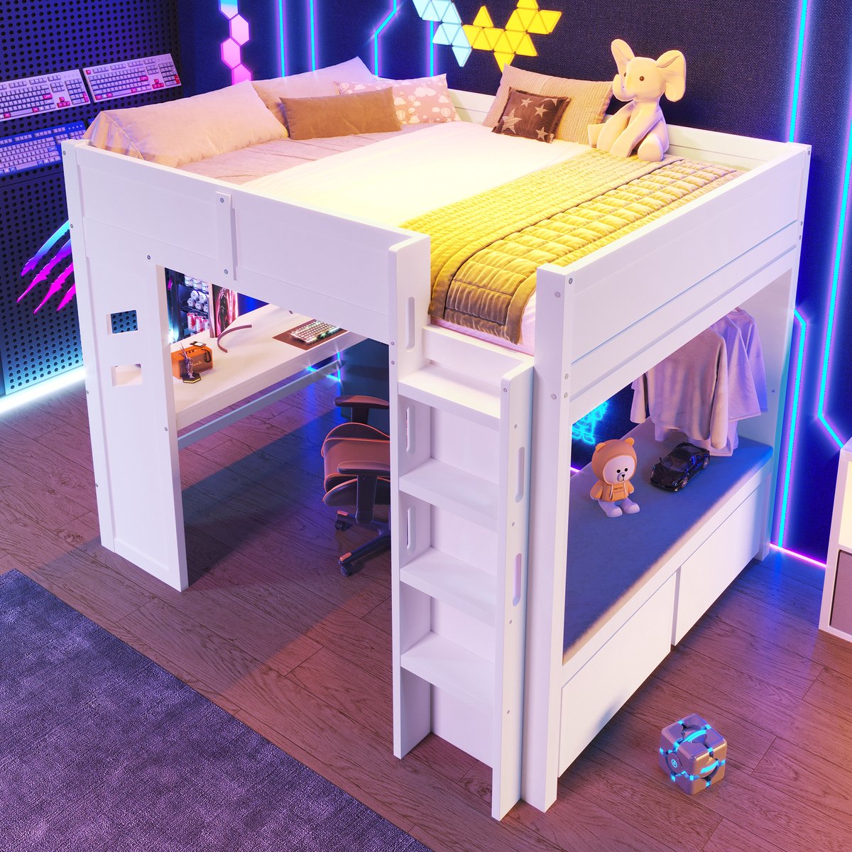 OKWISH Halfhoogslaper 140x200 cm - Hoogslaper met LED en USB/Type-C - Met Bureau en 2 Lades - Voor Kinderkamer - Hout/MDF - Wit Zonder matras