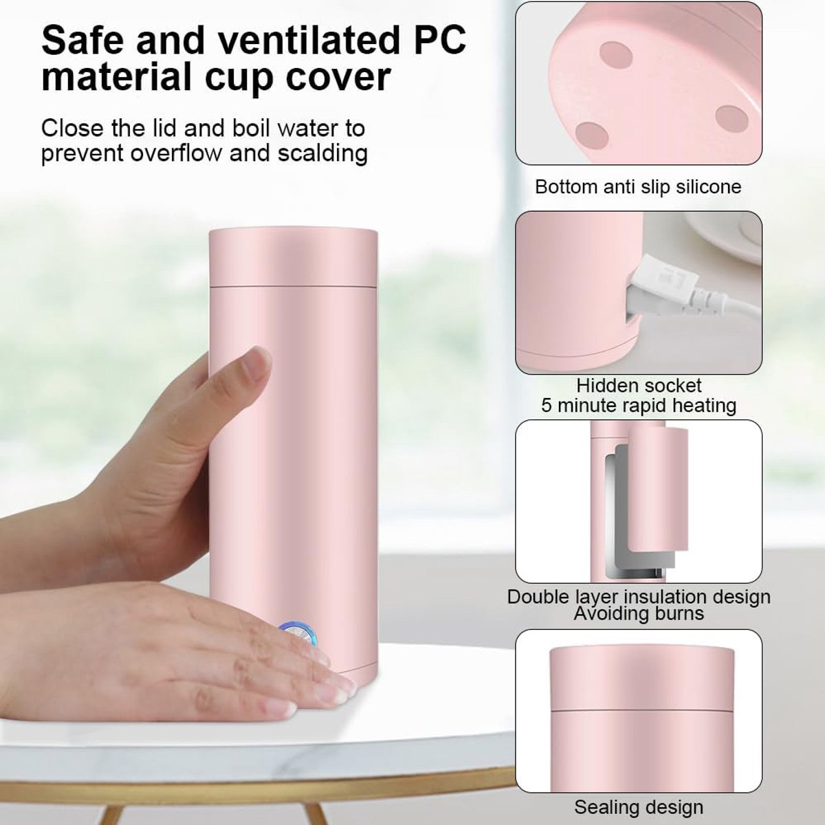 Draagbare Waterkoker - Heetwaterdispenser - Camping Waterkoker - Kleine Waterkoker - Reis Waterkoker - Mini Waterkokers - 400ML - Roze - 7,5 x 20,5 cm — afbeelding 3