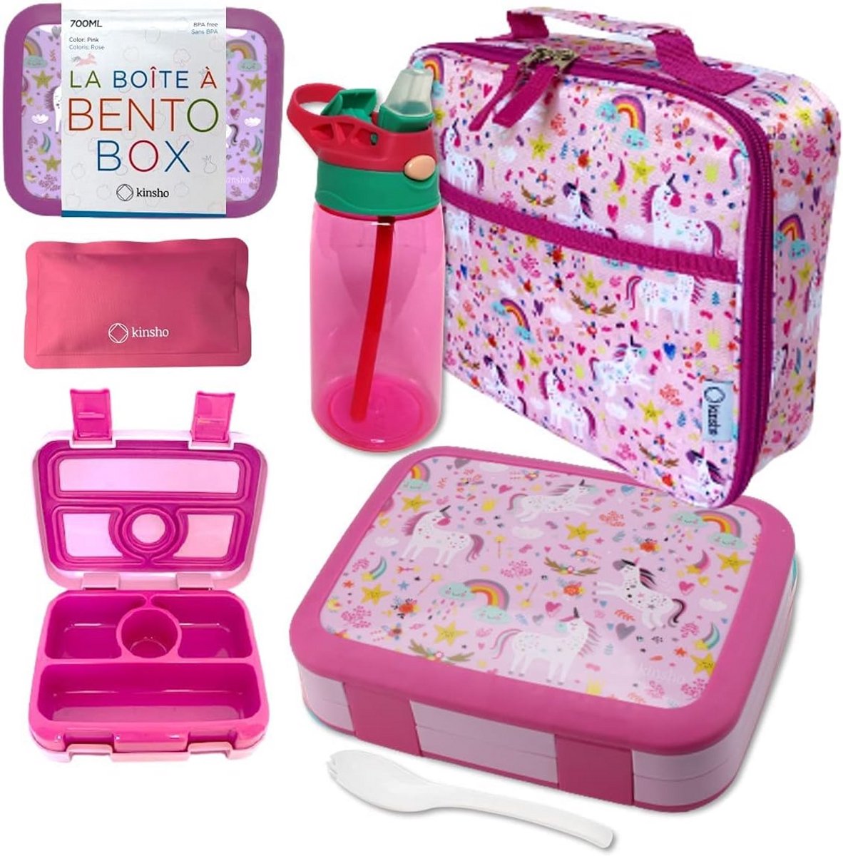 Unicorn Lunchtrommel Set met Drinkfles en Koelelement Bento Box 4 Vakken