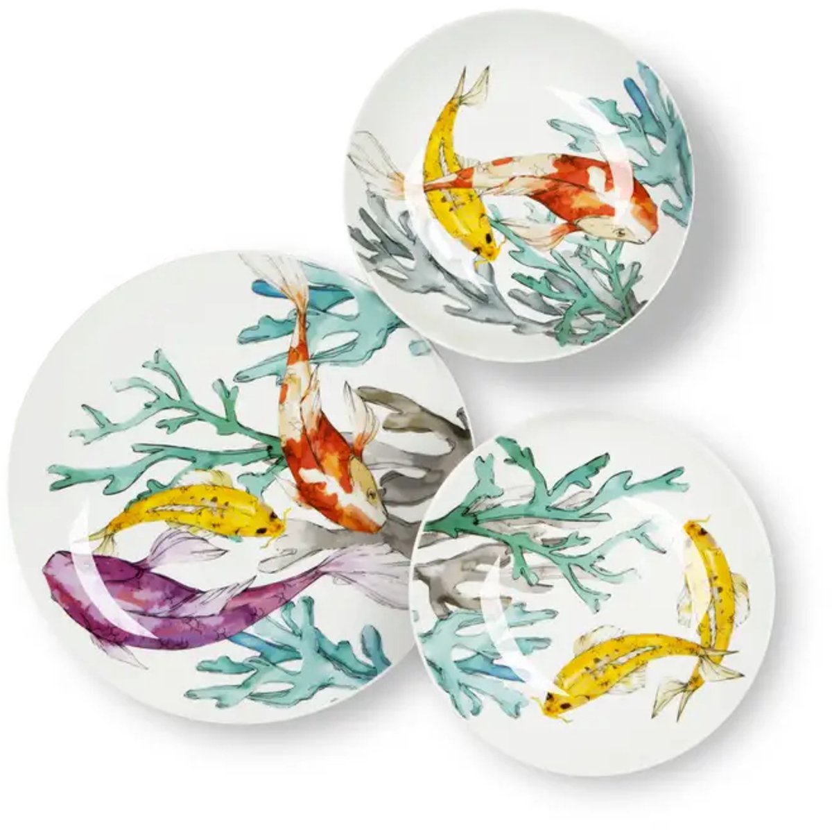 Excelsa Italiaans Design 18 delige Hokkaido serviesset van fijn porselein met kleurrijke koi-karpers die symbool staan voor non-conformisme, kracht en ultiem geluk in de Japanse cultuur